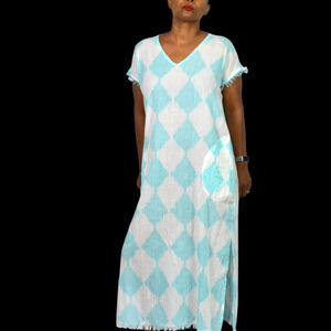 Lula Soul Cotton Caftan Blue Diamond Print Fringe Dress Maxi Slits Cover Up XS